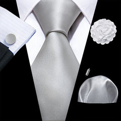 Barry.Wang Solid Silk Mens Tie Hankerchief Cufflinks Brooch Set Jacquard Plain Necktie Corsage For Male Wedding Party Events