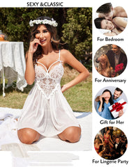 New Sexy Nightgown White Lace Babydoll Set Women's Romantic Sheer Floral Lingerie Flowy Skirt Chemise Mini Dress Hot Sale Nighty