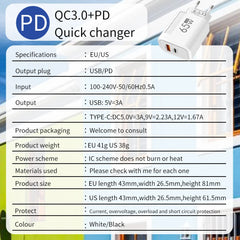 PD 65W GaN Charger USB C Fast Chargering Adapter For Samsung S22 S21 iPhone 14 13 Xiaomi Huawei LG Quick Charge 3.0 USB Charger