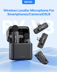 BOYA BY-V3 Wireless Lavalier Lapel Mirophone Noise-cancelling Rechargeable Mic for iPhone Android Camera Live Streaming Vlogging