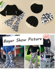 2pcs Baby Girl Clothes Sets Black Pullover Top + Leopard Print Bell-Bottoms Autumn Children's Clothing For 2 3 4 5 7 8 Years Old