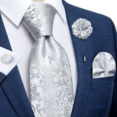 Luxury Red Floral Blue Silk Ties For Men 8cm Wide Necktie Set Pocket Square Cufflinks Brooch Pin Wedding Accessories Men's Gift