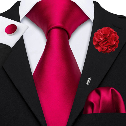 Barry.Wang Solid Silk Mens Tie Hankerchief Cufflinks Brooch Set Jacquard Plain Necktie Corsage For Male Wedding Party Events