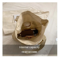 Fashion Large Capacity Fringe Pendant Handmade Straw Handbag Women Holiday Beach Casual Tote Top-Handle Bags Retro Shoulder Bags