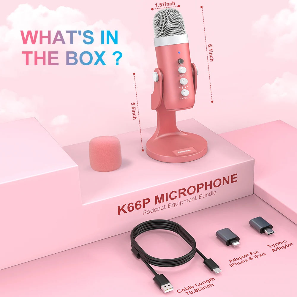 Haomuren USB Condenser Microphone Pink Studio Recording Mic for PC Mac Computer Phone Gaming Streaming Podcasting Laptop Desktop