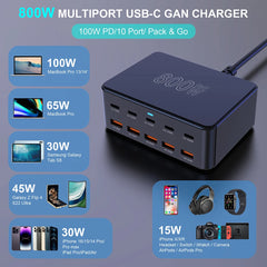 800W USB C GaN Charger 100W PD3.0 PPS QC3.0 Multiport Fast Charging Station for iPhone 15 16 Samsung Macbook Pro Laptops Tablets