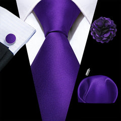 Barry.Wang Solid Silk Mens Tie Hankerchief Cufflinks Brooch Set Jacquard Plain Necktie Corsage For Male Wedding Party Events
