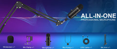 Professional USB Streaming Podcast PC Microphone Studio Cardioid Condenser Mic Kit with Boom Arm For Recording YouTube