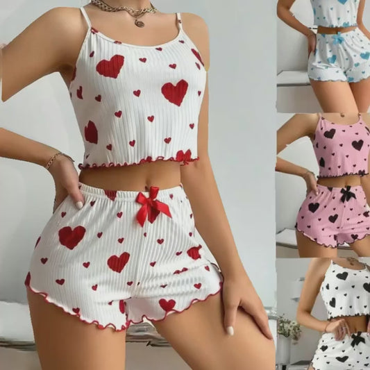 Women's Strawberry Print Ribbed Knit Ice Silk Camisole Pajama Set Comfortable Two-Piece Sleepwear for Summer